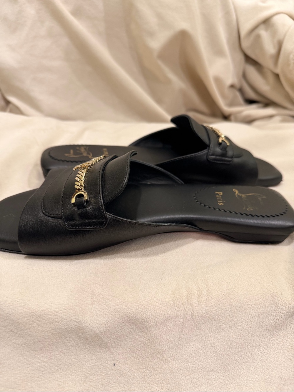 Christian Louboutin Black Leather Chain-Trim Slide Mules - Picture 2 of 5